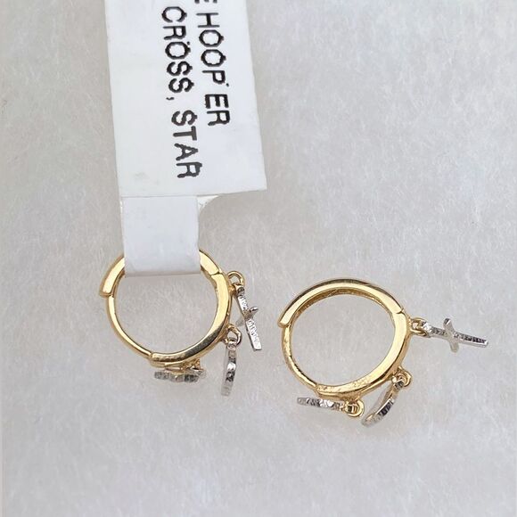 Carla Nancy B. 14k Gold Huggie Hoop earrings with star and cross charm - Picture 1 of 7
